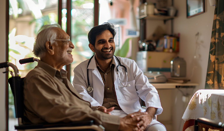 Seniors and staff laughing together during a music session, showcasing the community at a Luxury old age home with day care facilities.