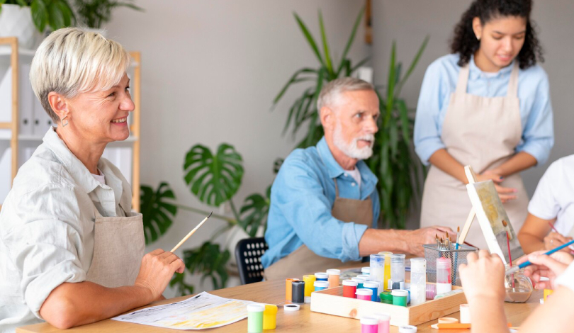 Seniors participating in group activities at a senior day care centre near Delhi