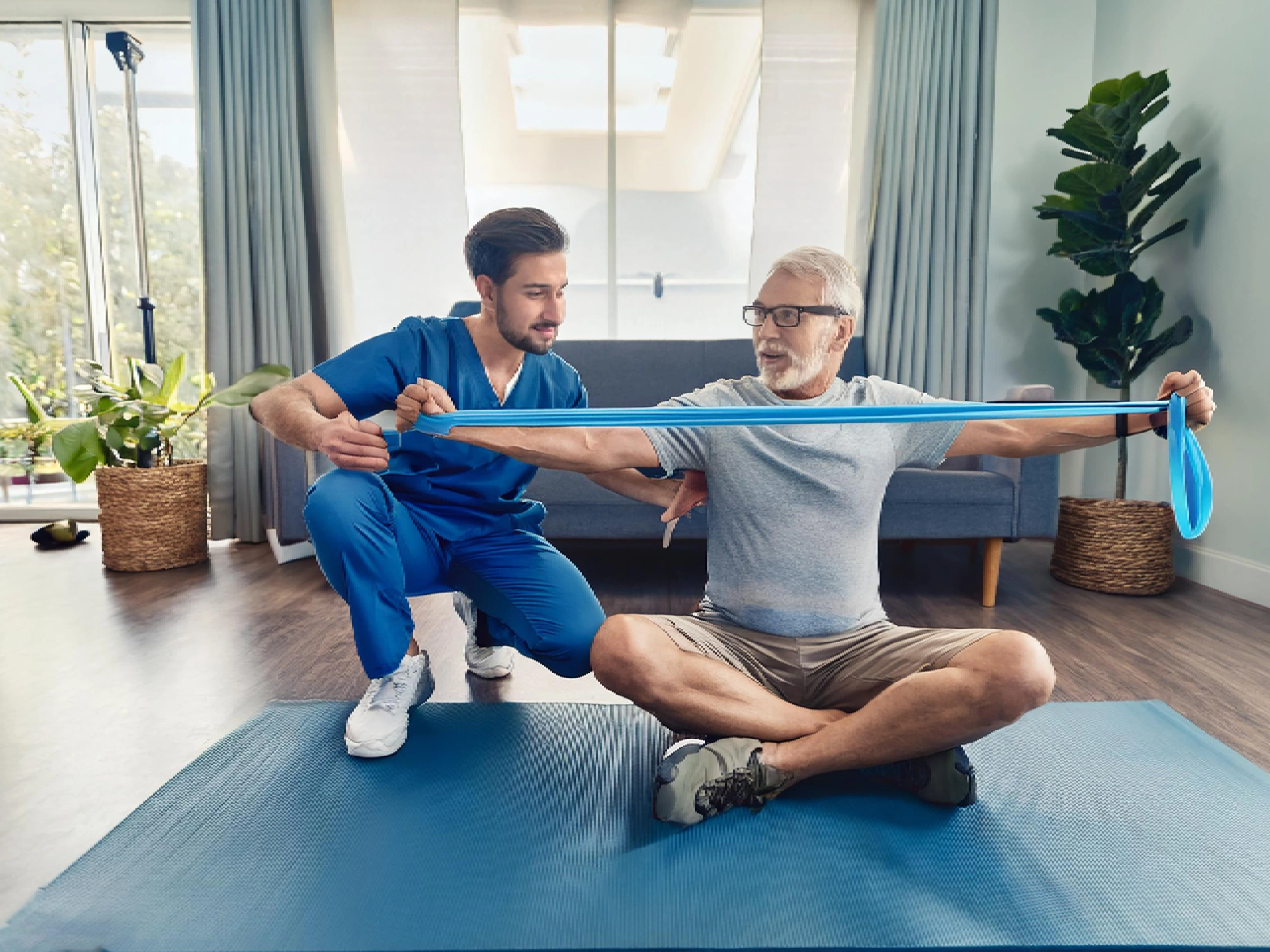 A senior patiently performing a rehabilitation exercise with a physiotherapist in a well-equipped gym.