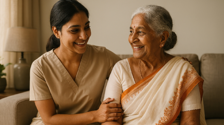 A senior resident receiving discreet assistance with dressing from a caregiver, highlighting dignified Assisted Living in elder care home in India