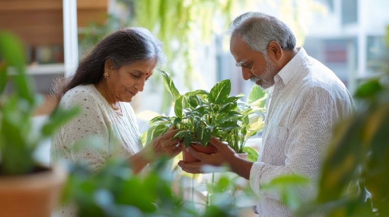 A senior resident showing a young child how to tend to a plant in a garden, highlighting the bond in Senior living in India with 24x7 health support.