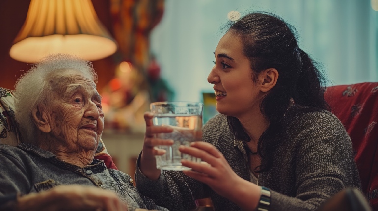 A senior woman looking through a "reminiscence box" of old photos with a caregiver, highlighting memory care in Senior living in India with 24x7 health support.