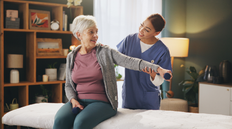A senior resident performing guided physiotherapy at a luxury elder care home with post operative facilities in India