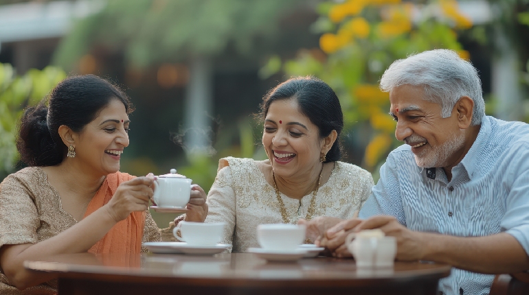 A group of senior residents enjoying a morning tea and shared conversation in a sunlit lounge at an old age home for 24x7 healthcare in India.