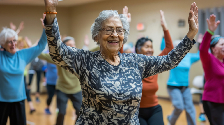 Active seniors participating in a group exercise session during elderly events