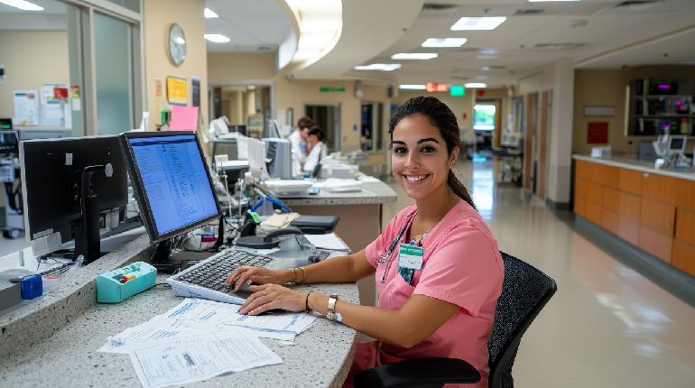 A nurse station at Artha where caregivers & nurses monitor resident health data