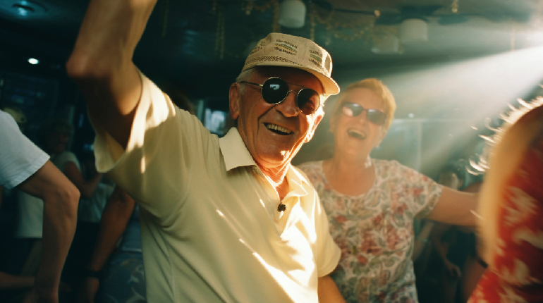 Senior residents laughing and engaging in a group activity during elderly events