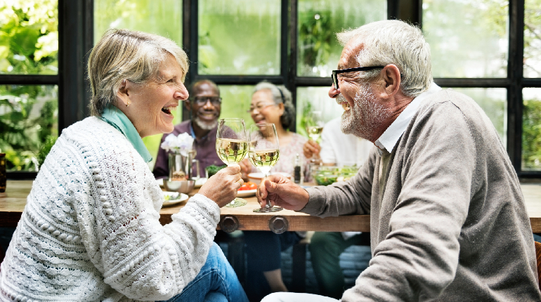 A senior guest participating in social elderly events during a respite stay.