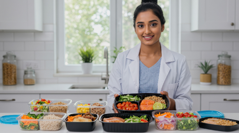 A clinical dietitian preparing a texture-modified, nutrient-dense pureed meal according to IDDSI standards at an old age home for 24x7 healthcare in India