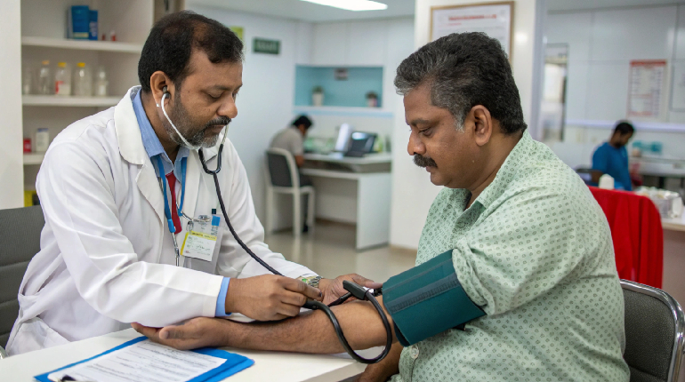 A specialized nurse checking the temperature of a senior resident to monitor for neutropenic fever at a senior care facility with round the clock healthcare in India