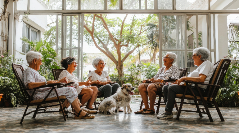 Seniors sharing a conversation and building friendships at a senior day care centre.